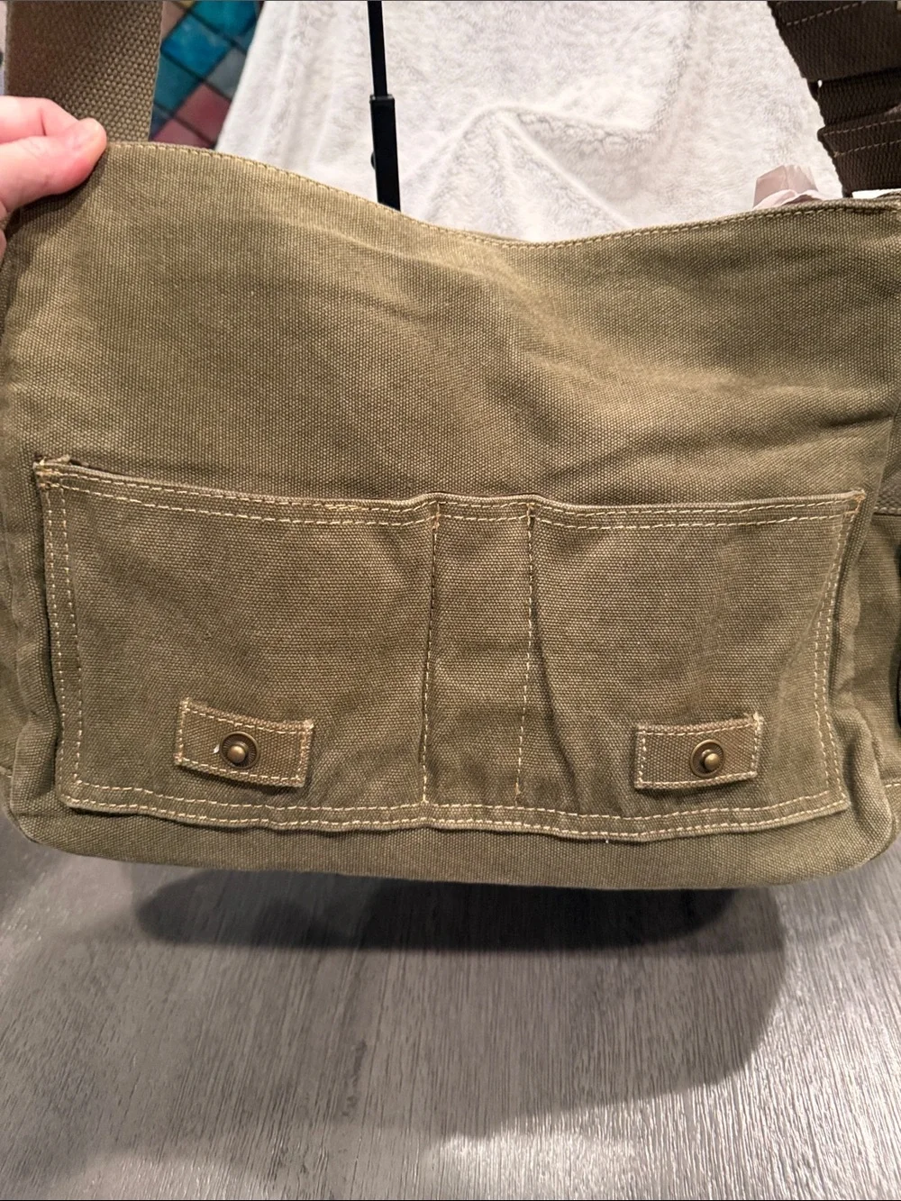 Vegan Canvas Messenger Bag in Olive Green - Picture 5 of 7